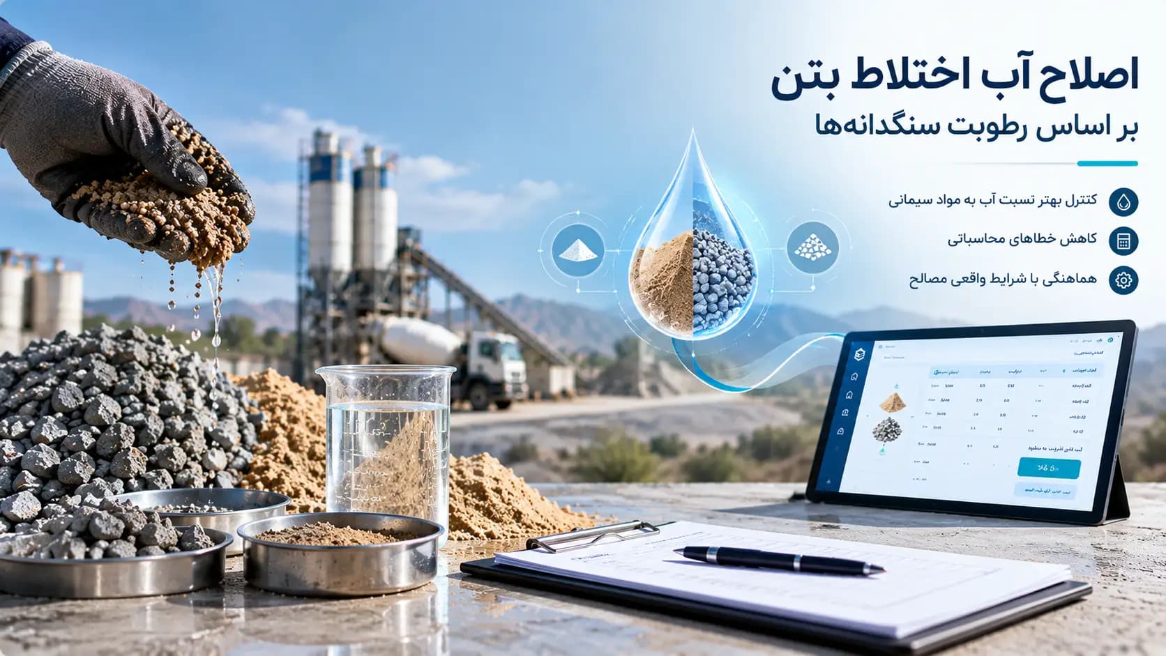 اصلاح آب اختلاط بتن بر اساس رطوبت سنگدانهها